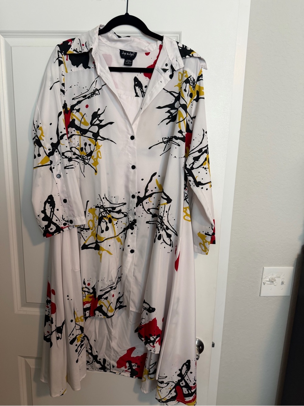 Long Sleeve White Splash-Print Button Front Dress